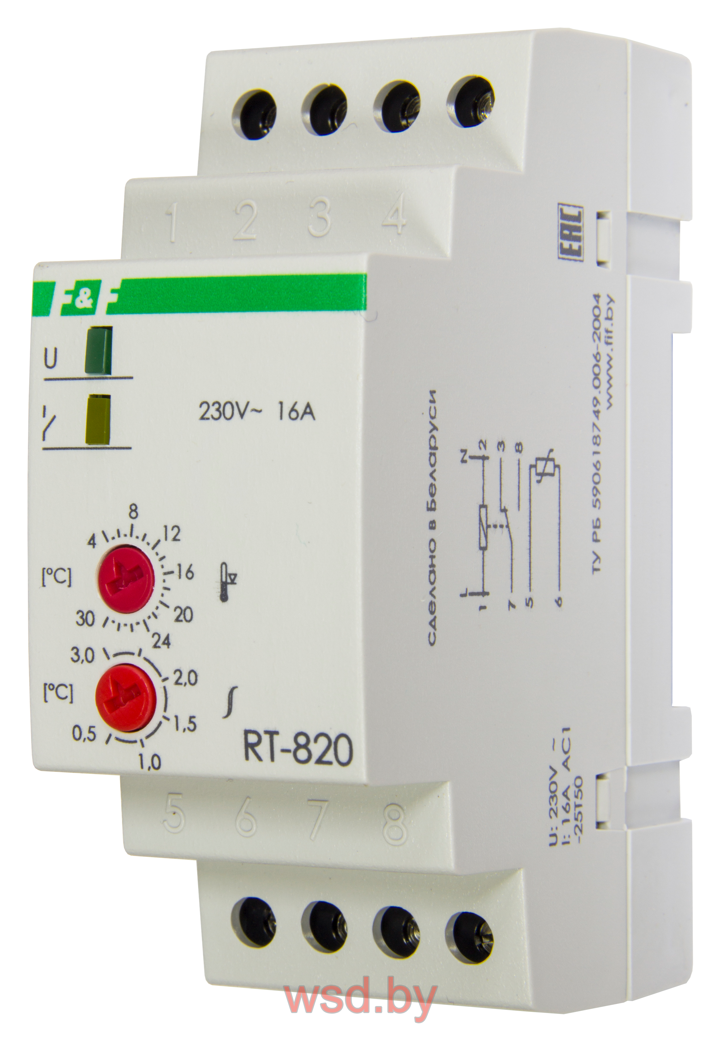 RT-820 Регулятор температуры +4 до +30° С, выносной датчик, 2 модуля, монтаж на DIN-рейке 50-264В AC 16А  1NO/NC IP20